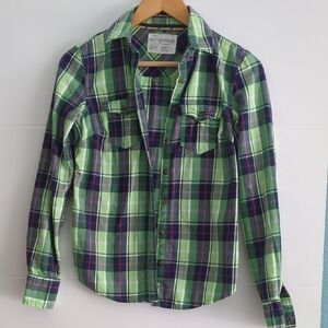 Aeropostale Green& Purple Plaid Vintage Inspired Button Down Academia Shirt